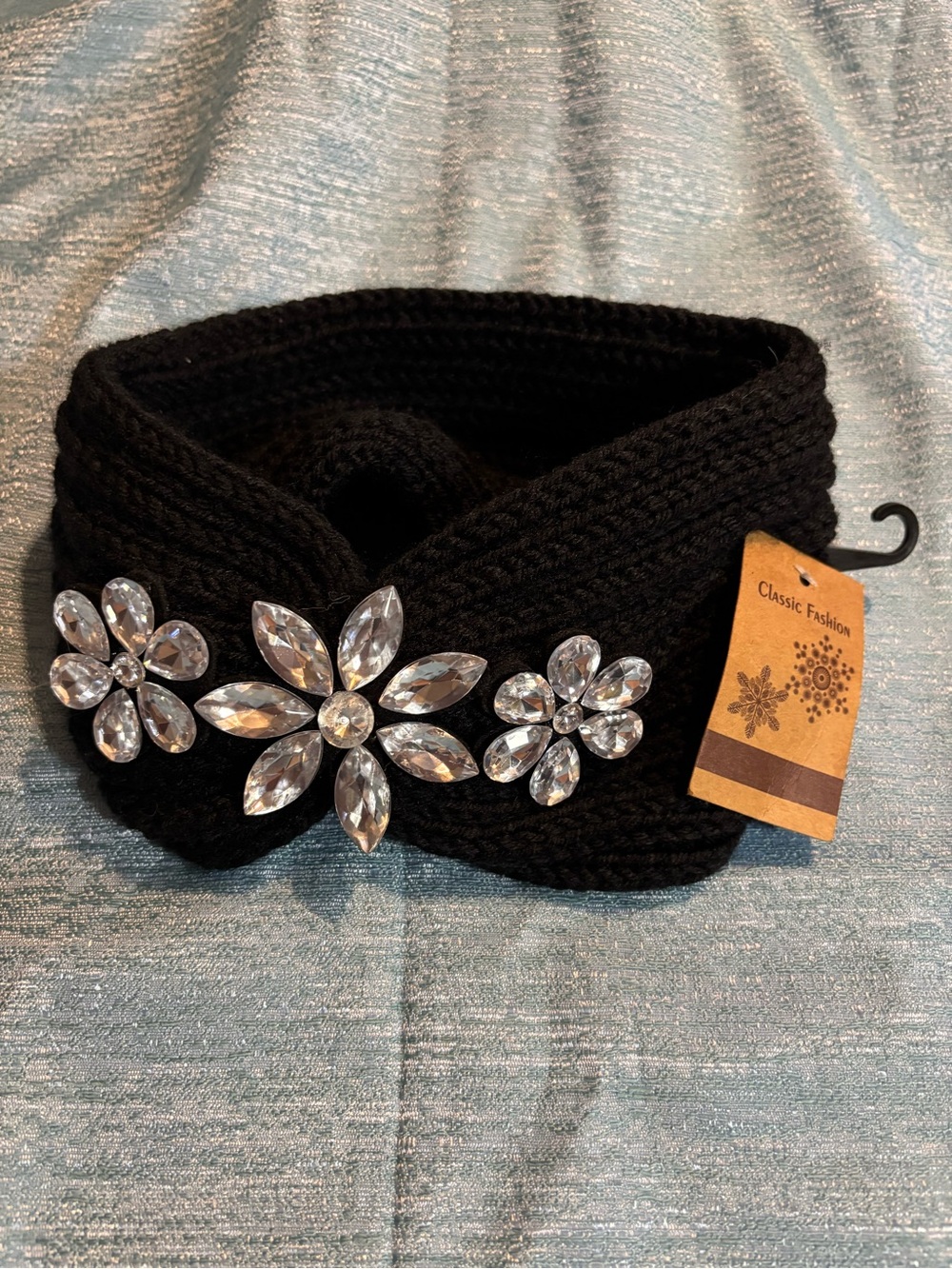 Classic Fashion Black Knit Headband with Crystal Flower Accents